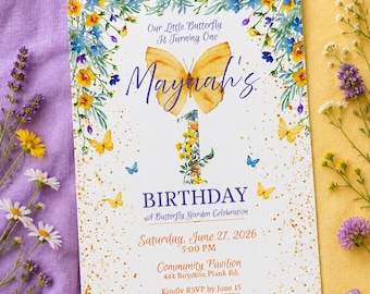 Butterfly Garden 1st Birthday Invitation, Editable Canva Template, Wildflower Butterfly Birthday Party Invite,First Birthday Girl Invitation