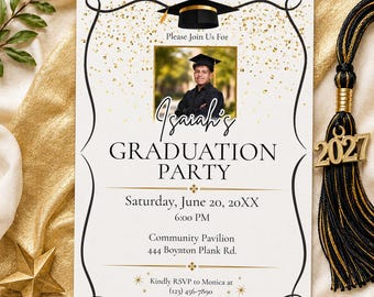 Graduation Party Invitation Template, Photo Announcement, Black Gold Canva (Digital Download)