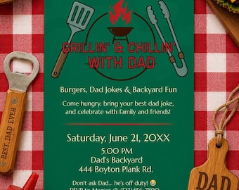 Father's Day BBQ Invitation, Grillin' & Chillin' With Dad Invite, Editable Canva Template, Father's Day Cookout Party Invitation