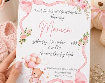 Pink Baby Shower Invitation, Teddy Bear Invitation