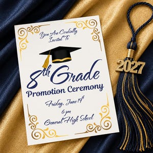 Puede incluir: Una tarjeta de invitación rectangular blanca con esquinas de filigrana dorada, que presenta un birrete negro y el texto: You Are Cordially Invited To 8th Grade Promotion Ceremony Friday, June 19th 6 pm General High School, junto a una borla azul marino y dorada.