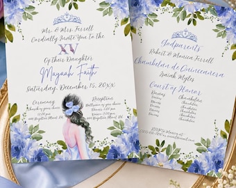 Blue Floral Quinceanera Invitation, Mis Quince Anos