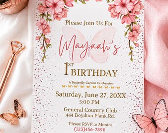 Pink Butterfly Floral First Birthday Invitation,Editable Canva Template, Butterfly Garden Birthday Party Invite,Girl 1st Birthday Invitation
