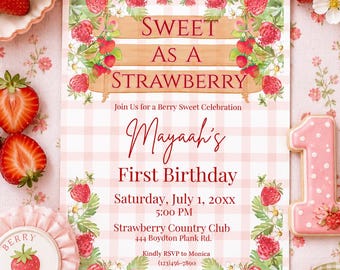 Strawberry First Birthday Invitation, Berry Sweet 1st Birthday Invite, Editable Canva Template, Strawberry Birthday Party Invitation