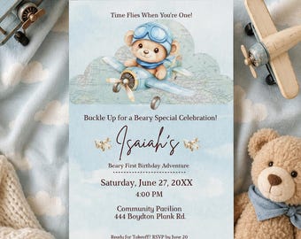 Boy First Birthday Invitation, Vintage Airplane Teddy Bear Birthday Invite, Teddy Bear Pilot 1st Birthday Invitation,Editable Canva Template
