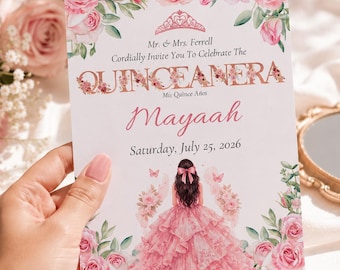 Pink Quinceañera Invitation Template, Editable Canva Quinceañera Invite, Mis Quince Años Invitation, Floral Rose Gold Sweet 15 Invitation