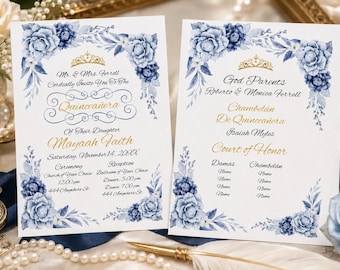 Gold and Blue Quinceanera Invitation, Mis Quince Anos