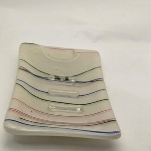 Fused Glass Soap Dish - Light Grey, Blue Pink Green Accent Lines,  Fused Glass SD11