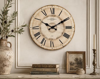 Large Roman Numeral Wall Clock – Vintage Beige Wood Style, Silent Farmhouse Decor