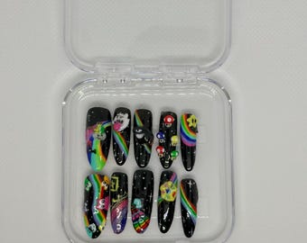 3D Mario Kart Rainbow Road Press on Nails | Hand Painted Gaming Art