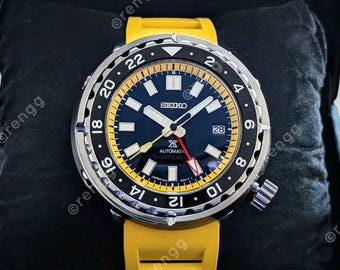 Automatic GMT 47mm Tuna Canned Diver Black Yellow Seiko Mod NH34A Sapphire AR coated