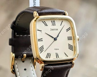 Vintage Citizen Junction Vega Square Gold Plated Quartz Watch Roman Numerals Beige Dial