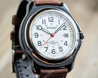 Vintage Sharp SHP1607 WR 100ft Black Case Quartz Field Watch Great