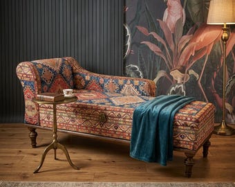 Boho Storage Chaise Lounge | Vintage Upholstered Daybed Sofa Chair