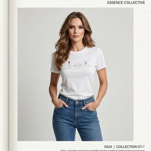 Könnte beinhalten: Ein weißes kurzärmeliges T-Shirt mit einer minimalistischen schwarzen Strichzeichnung von Lippenstift, Lippen und einem Herz mit rotem Akzent. Das Shirt wird mit einer blauen Jeans kombiniert. Text ESSENCE COLLECTIVE und SS24 COLLECTION ONE.