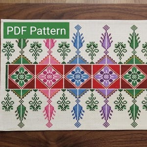 Motif de point de croix palestinien coloré : motif géométrique de nappe - version plus foncée (téléchargement PDF)