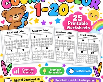 Count and Color 1-20 Worksheets, Preschool Math Printable, Pre-K Kindergarten Counting Practice, 25 Page PDF