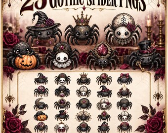 25 Gothic Spider PNG Bundle, Cute Halloween Clipart, Witchy Spider Graphics, Spooky Sublimation, Halloween Gift