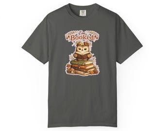 I'm Booked Owl Sitting on Books T-shirt | Book Lover Reading Graphic Tee
