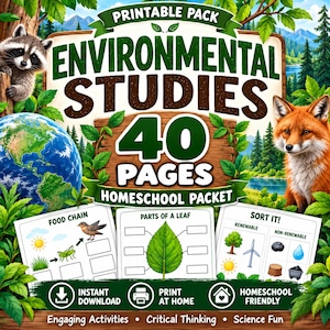 Może przedstawiać: Pakiet do druku zatytułowany Environmental Studies 40 Pages Homeschool Packet z szopem, lisem i globusem. Pakiet zawiera arkusze ćwiczeń dotyczące łańcuchów pokarmowych, części liścia oraz sortowania zasobów odnawialnych i nieodnawialnych.