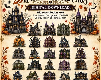 25 Haunted House PNG Bundle, Gothic Halloween Clipart, Spooky Mansion Graphics, Witchy Sublimation, Halloween Gift