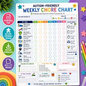 May include: A white weekly chore chart with colorful text and icons. The chart features a grid for seven days, a list of daily tasks with illustrations, a visual key, autism-friendly tips, goal setting sections, and a reward tracker.