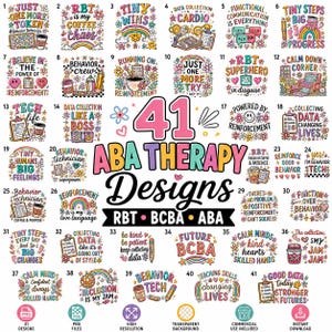 Può includere: Una collezione di 41 design grafici colorati per la terapia ABA, con varie illustrazioni come arcobaleni, tazze di caffè, appunti e fiori. Ogni design include testo motivazionale relativo all'analisi del comportamento, RBT e temi BCBA.