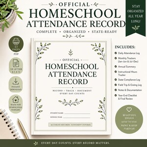 Peut inclure: Un document officiel de suivi de présence pour l'école à la maison avec une couverture blanche, du texte noir, des illustrations de feuilles vertes et des sections pour le nom de l'élève et l'année scolaire. Inclut des journaux et des suivis.