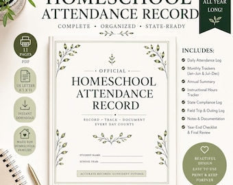 Official Homeschool Attendance Record Printable PDF, Attendance Log, Homeschool Hours Tracker, State Compliance Log, Field Trip Record