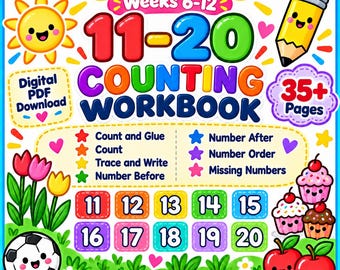 Weeks 6-12 Pre K Kindergarten Math Workbook, Counting 11 to 20, Number Tracing, Missing Numbers, Number Order, 35+ Printable Pages