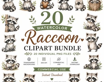 20 Watercolor Raccoon PNG Clipart Bundle, Woodland Nursery Graphics (Digital Download), Excellent Gift!
