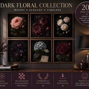 Dark Floral Clipart Bundle PNG | Moody Flowers Clip Art Collection | Gothic Botanical Graphics | Commercial Use image 2