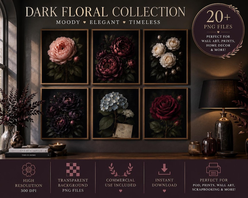 Dark Floral Clipart Bundle PNG | Moody Flowers Clip Art Collection | Gothic Botanical Graphics | Commercial Use image 2