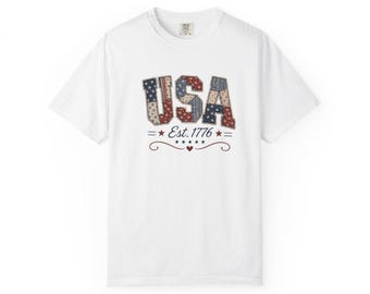USA Patriotic Est. 1776 T-shirt | Flag Patchwork Typography