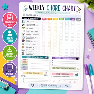 May include: A white weekly chore chart with colorful headers and icons for daily tasks. It includes sections for daily responsibilities, weekly goals, and rewards. The text reads Weekly Chore Chart, Plan today. Work hard. Be proud tomorrow., and Progress, not perfection. Keep going. You've got this! It is 8.5 by 11 inches.