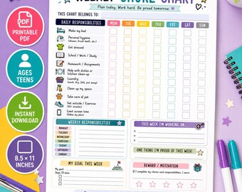 Chore Chart for Teens | Responsibility Tracker, Executive Functioning, | ABA | Daily Routine Checklist | Goal & Reward Chart | Printable PDF