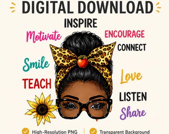 Black Teacher PNG, Messy Bun Leopard Bow and Sunflower Design, Teacher Appreciation Gift, Inspirational Educator, Excellent Gift!