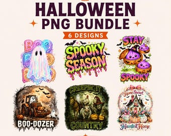 Halloween PNG Bundle, 6 Spooky Designs, Cute Ghost, Haunted House, Country Halloween, Spooky Season Gift, Digital Download