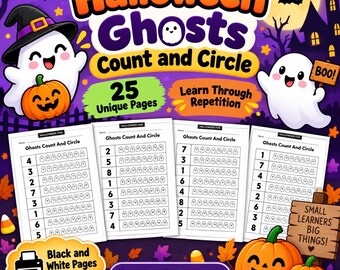 Halloween Ghost Counting Worksheets, Pre K Kindergarten Math, Count and Circle Printable, 25 Page Low Ink PDF, Number Recognition