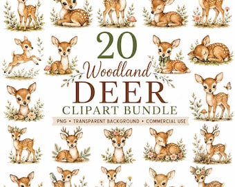 Watercolor Woodland Deer Clipart Bundle, Baby Fawn Nursery Graphics (20 PNG Files), Excellent Gift!