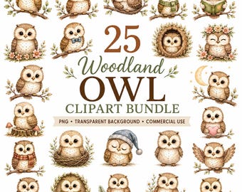 25 Watercolor Woodland PNG Owl Clipart Bundle, Baby Animals Nursery Graphics (Commercial Use), Excellent Gift!