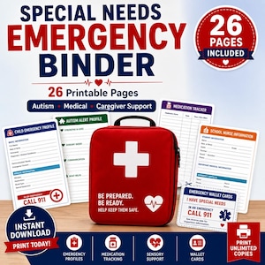 Op de afbeelding: Een rode noodmap met een wit kruis, met 26 afdrukbare pagina's. De map bevat secties voor noodprofielen van kinderen, autismewaarschuwingsprofielen, medicatietracking en sensorische ondersteuning. De tekst luidt "Be Prepared. Be Ready. Help Keep Them Safe."
