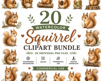 20 Watercolor Squirrel Clipart Bundle, Woodland Nursery Graphics (Digital Download), Excellent Gift!