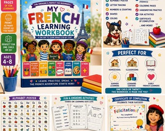French for Kids Level 1 Printable Workbook, Learn French for Beginners, Preschool Kindergarten Homeschool Worksheets PDF, 70+ Pages
