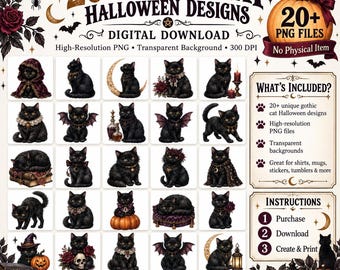 20+ Gothic Cat Halloween PNG Bundle, Black Cat Clipart, Witchy Cat PNG, Spooky Halloween Designs, Gothic Gift
