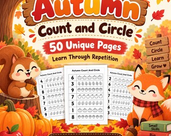 Autumn Count and Circle Worksheets, Pre K Kindergarten Math, 50 Page Fall Counting Printable, Numbers 1-9, Low Ink PDF