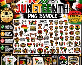May include: A Juneteenth PNG bundle with over 100 high-quality designs. The image features illustrations, text, and graphics related to freedom, history, and culture. Includes a t-shirt, mug, tote bag, and other items with the text "Juneteenth 1865" and "Freedom".