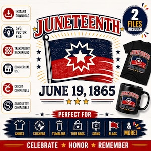 以下が含まれることがあります： 赤と青でJUNETEENTHおよびJUNE 19, 1865のテキストが記されたデジタルデザインファイル。グラフィックには、青と赤の背景に白い星が描かれた様式化された旗が含まれており、黒いTシャツと黒いマグカップに表示されています。