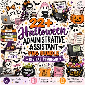 May include: A digital collection of 22+ Halloween-themed administrative assistant illustrations featuring ghosts, skeletons, black cats, pumpkins, cauldrons, and office supplies. The text includes phrases like Schedule Witch, Planning Is My Potion, and File It Like A Boss.