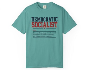 Democratic Socialist T-Shirt | Political Phrase Tee, Red & Blue Block Text